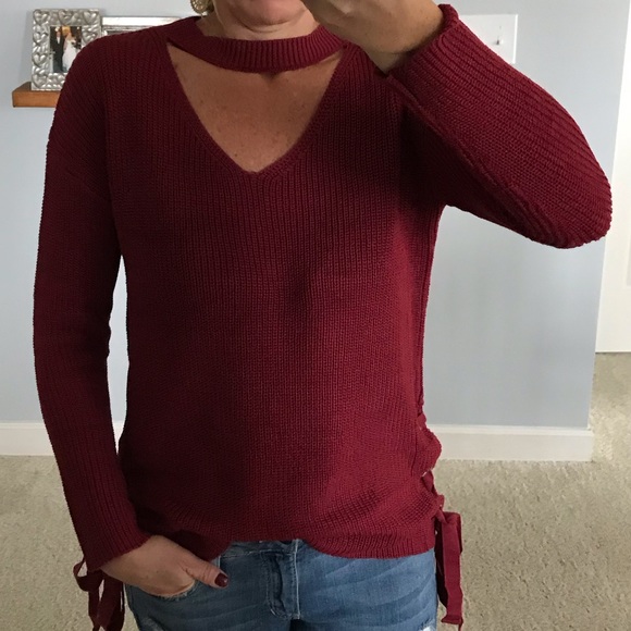 Dark Red Side Tie Sweater - Picture 3 of 6